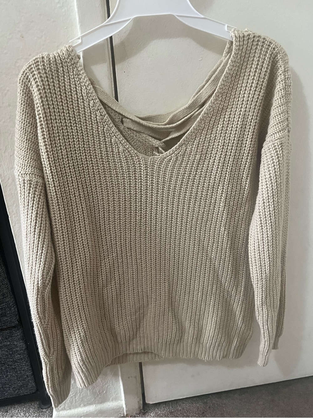 Pink Rose Crisscross Back V-Neck Sweater - Cream